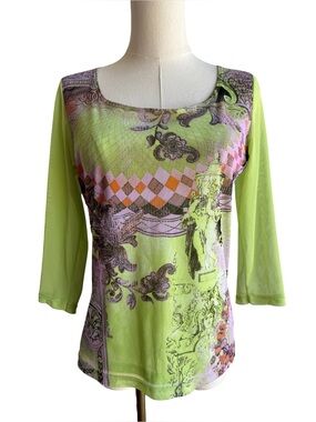 Donna Y2K Lime Green Graphic Print Top Medium Sheer Mesh Tie Back Artsy Grunge